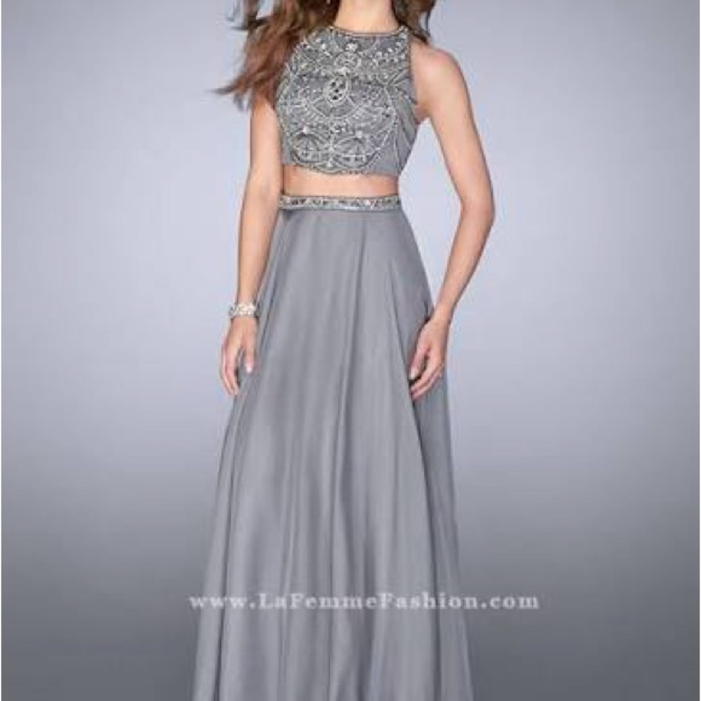 La Femme Silver Embellished Prom Dress
